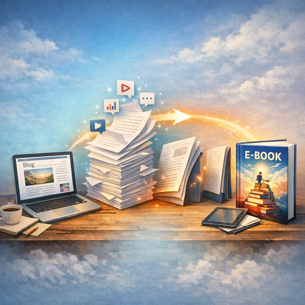 단일 블로그 포스팅이 전자책으로 진화하는 콘텐츠 확장 프로세스 시각화 이미지