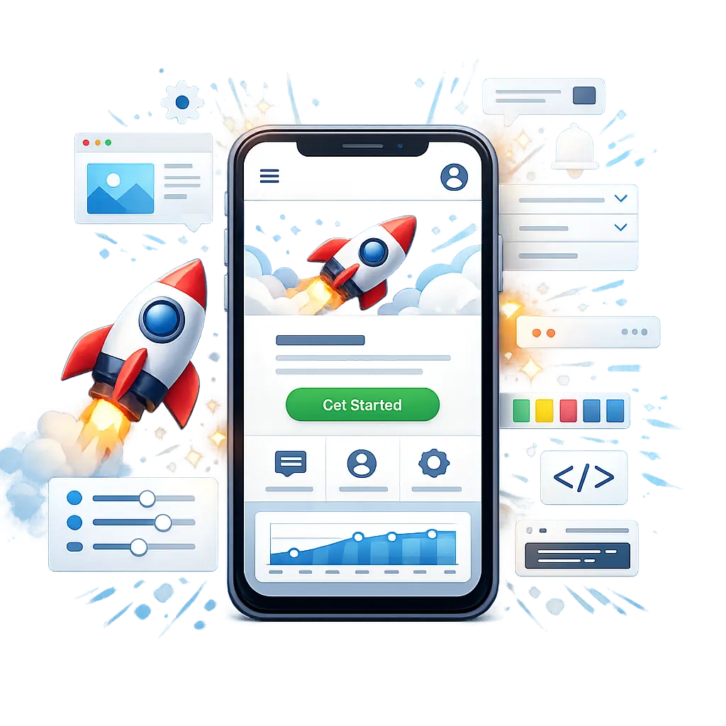 로켓 아이콘과 함께 즉각적으로 구현된 깔끔한 모바일 반응형 웹 인터페이스 디자인