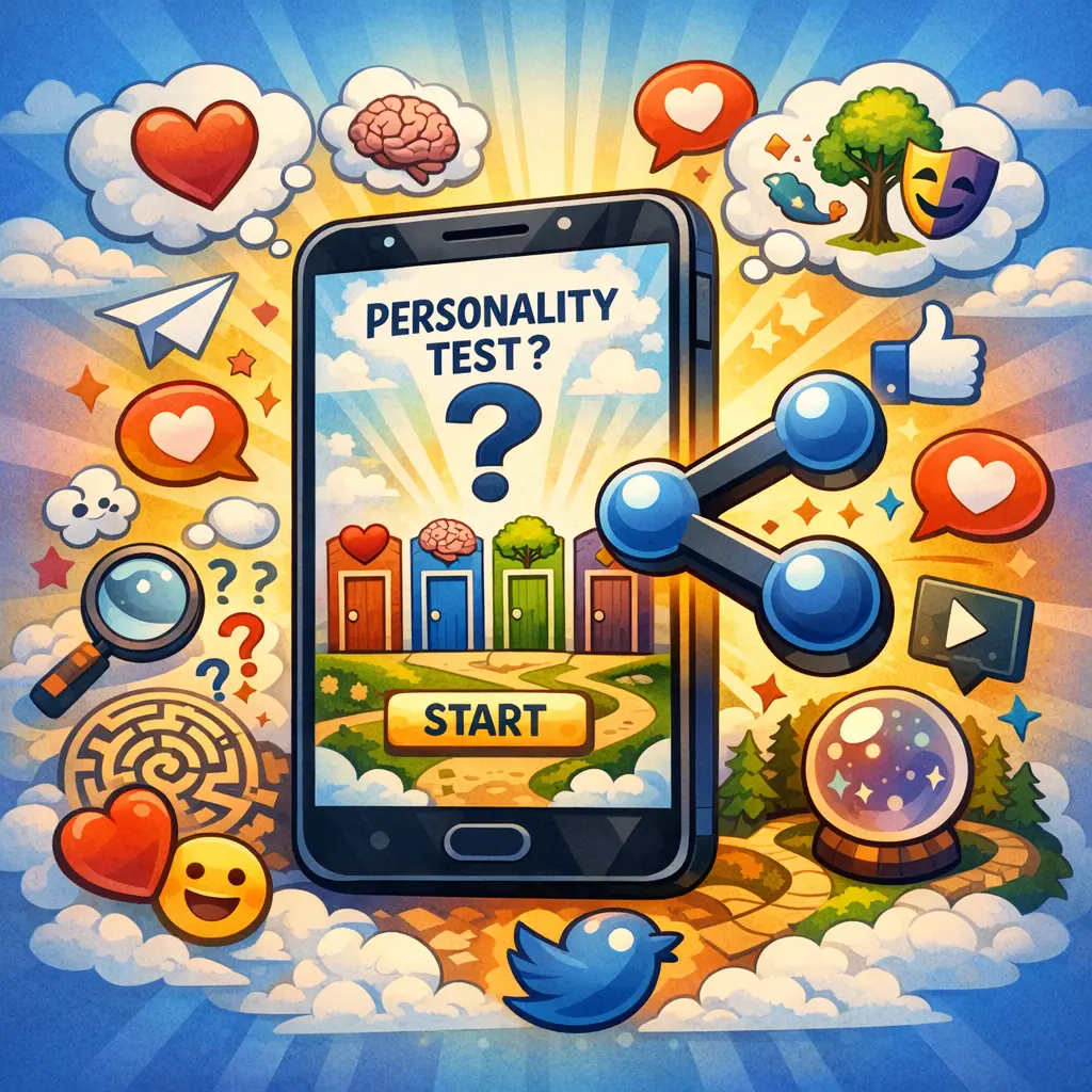 바이럴 심리 테스트 화면과 공유 아이콘이 그려진 스마트폰 일러스트