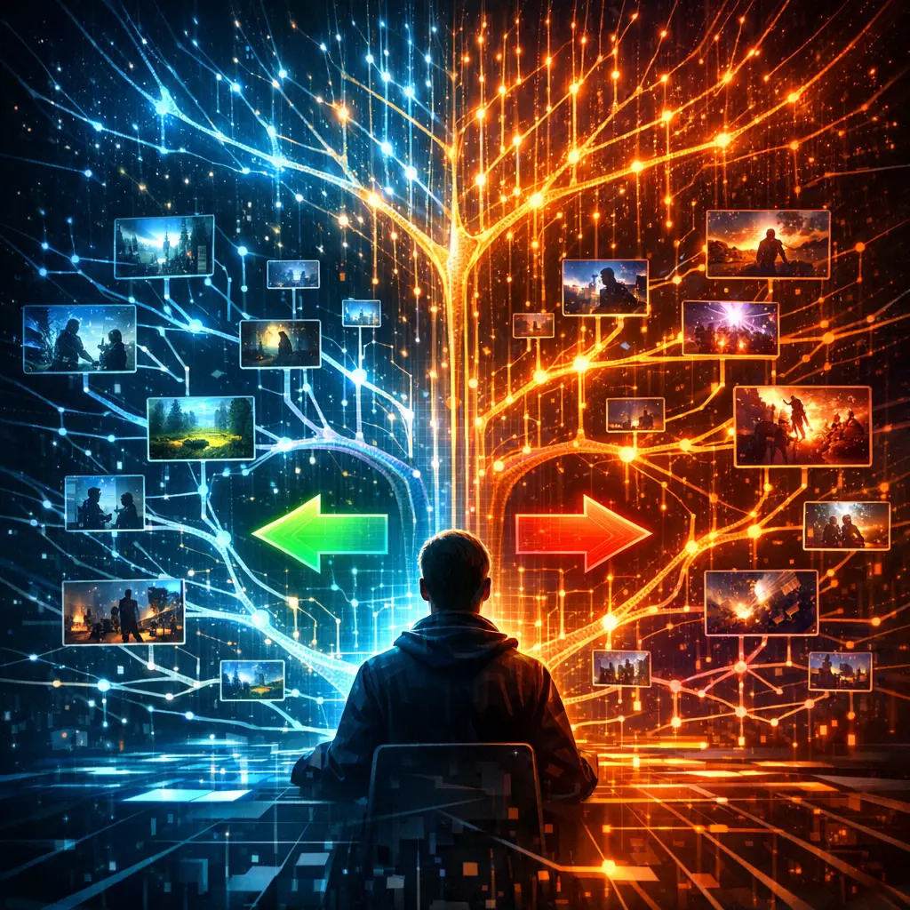 사용자의 선택에 따라 실시간으로 분기되고 확장되는 AI 인터랙티브 시나리오 구조 시각화 이미지