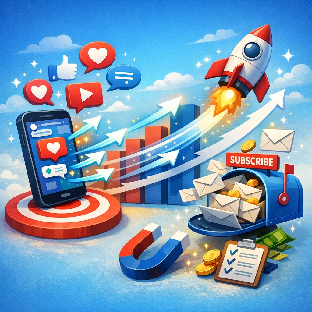 소셜미디어 콘텐츠를 통한 뉴스레터 클릭률 증대와 구독 전환을 시각화한 일러스트