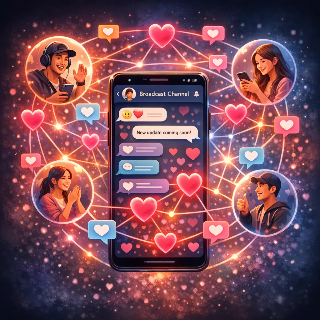 스마트폰 속 브로드캐스트 채널을 중심으로 크리에이터와 팬들이 하트와 메시지로 긴밀하게 연결된 커뮤니티 형성 이미지