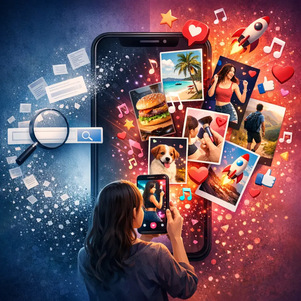 스마트폰 화면에서 텍스트 기반 검색 대신 틱톡의 역동적인 숏폼 영상으로 정보를 탐색하는 모습