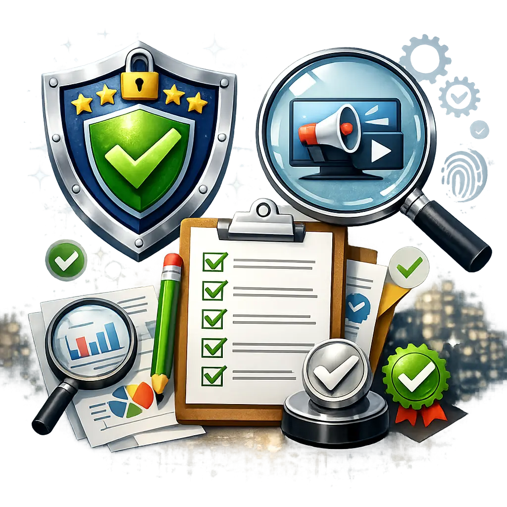 신뢰성 높은 홍보 매체 선별을 위한 보안 인증 마크와 검증 항목 체크리스트 일러스트레이션