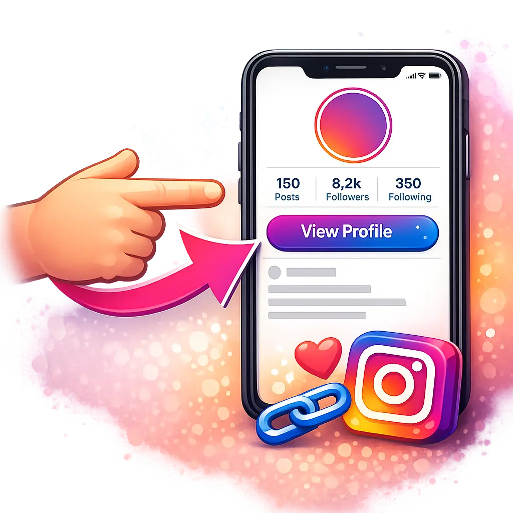 인스타그램 프로필 링크를 가리키는 손가락 아이콘과 스마트폰 화면 일러스트