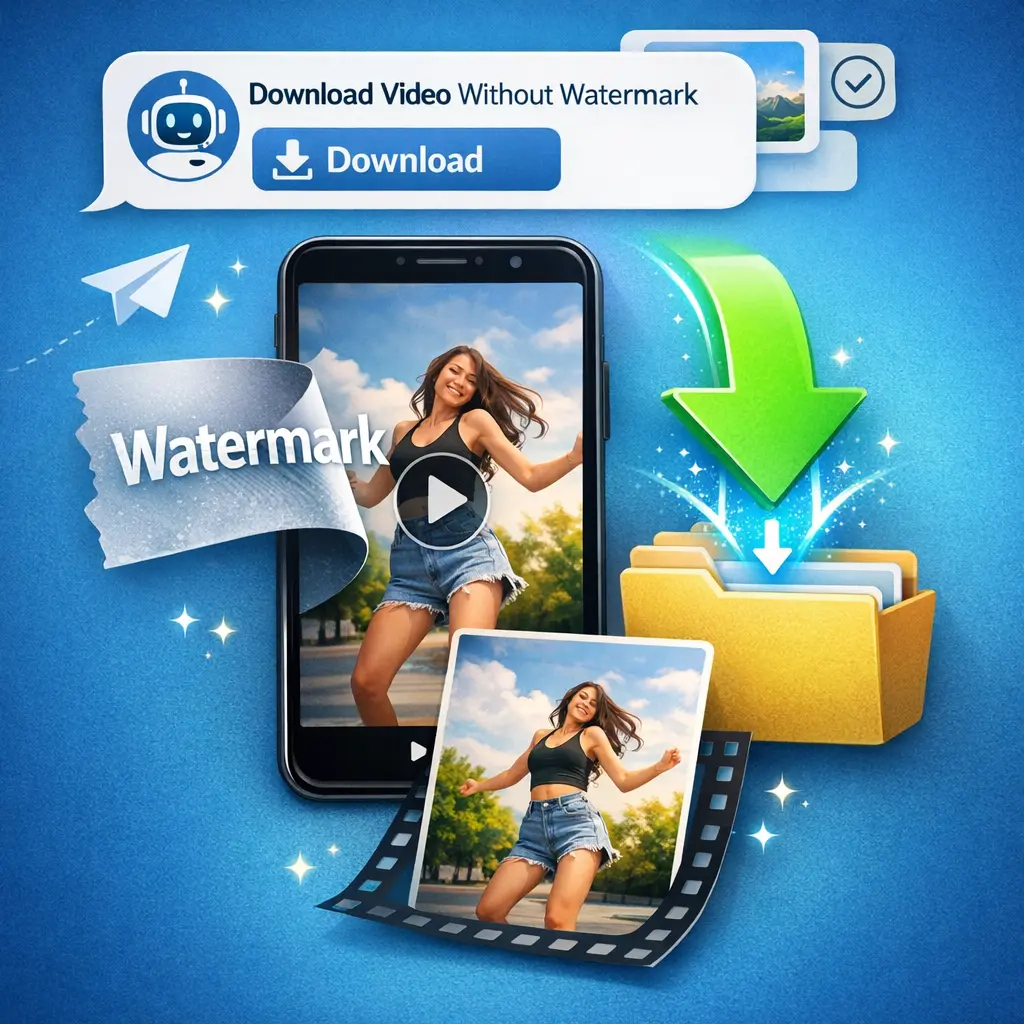 텔레그램 봇 인터페이스를 통해 워터마크가 제거된 숏폼 영상을 다운로드하는 화면 예시 유도 이미지