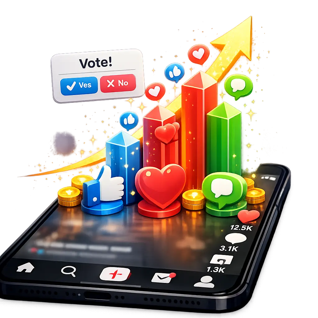 틱톡 인터페이스 화면 위로 투표 스티커와 상호작용 지표가 수직 상승하는 모습을 시각화한 3D 데이터 그래픽 이미지