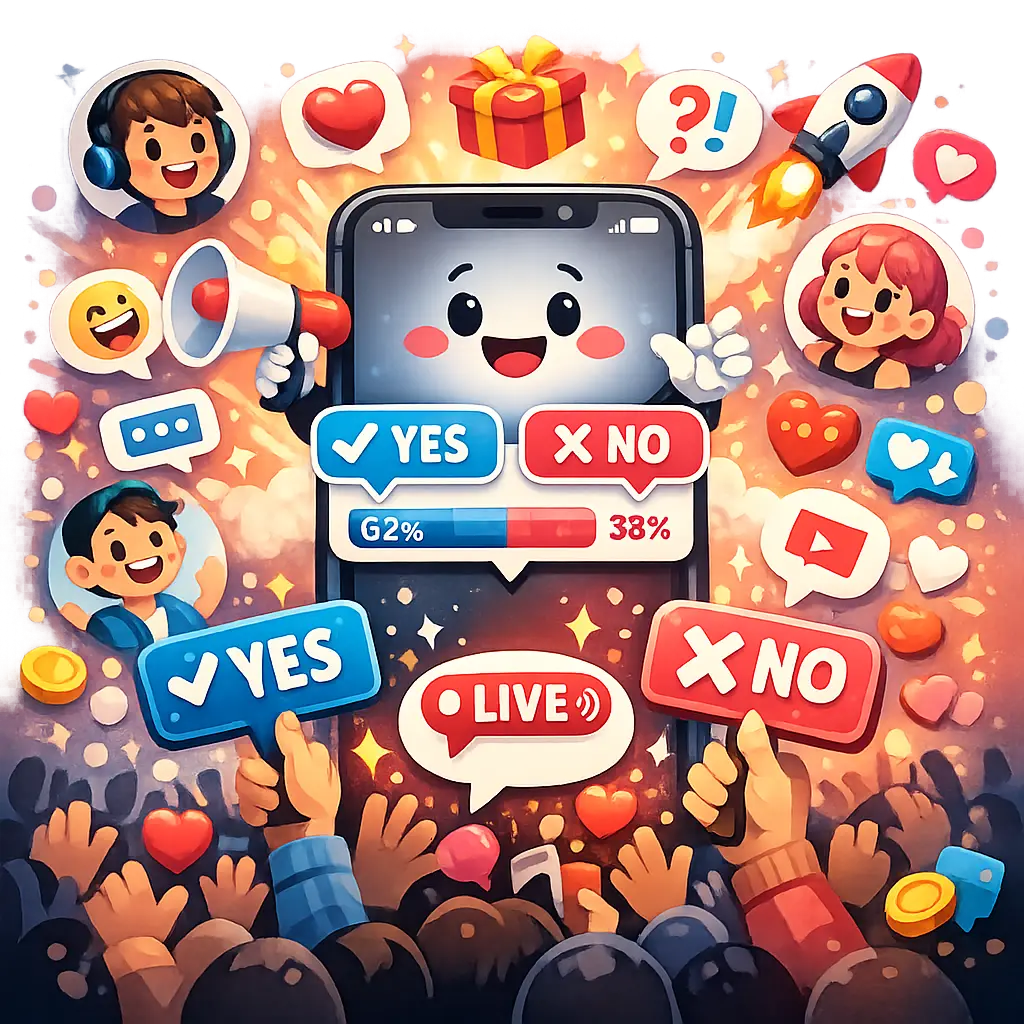 틱톡 투표 스티커로 시청자와 실시간 소통하는 모바일 앱 화면 인터페이스 이미지