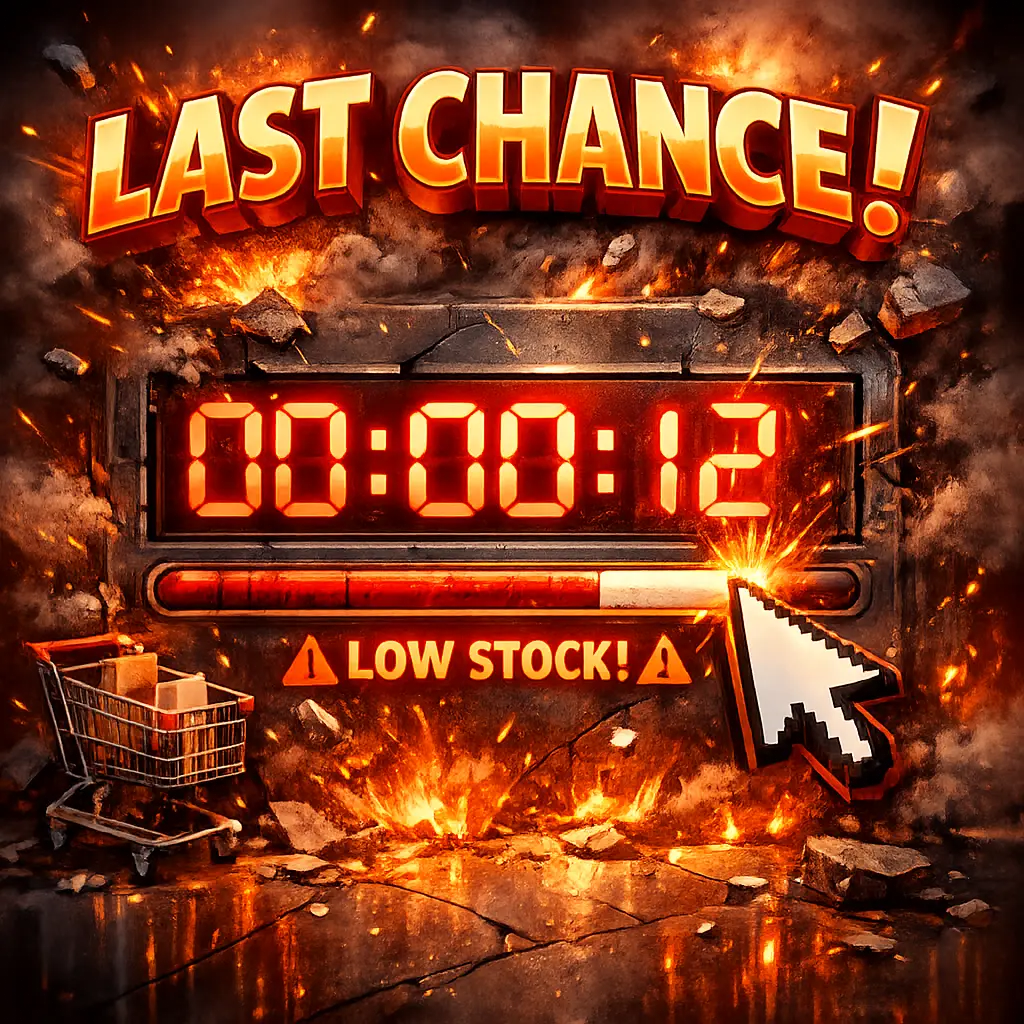 품절 임박을 시각화한 긴박한 카운트다운 타이머와 마우스 커서 그래픽