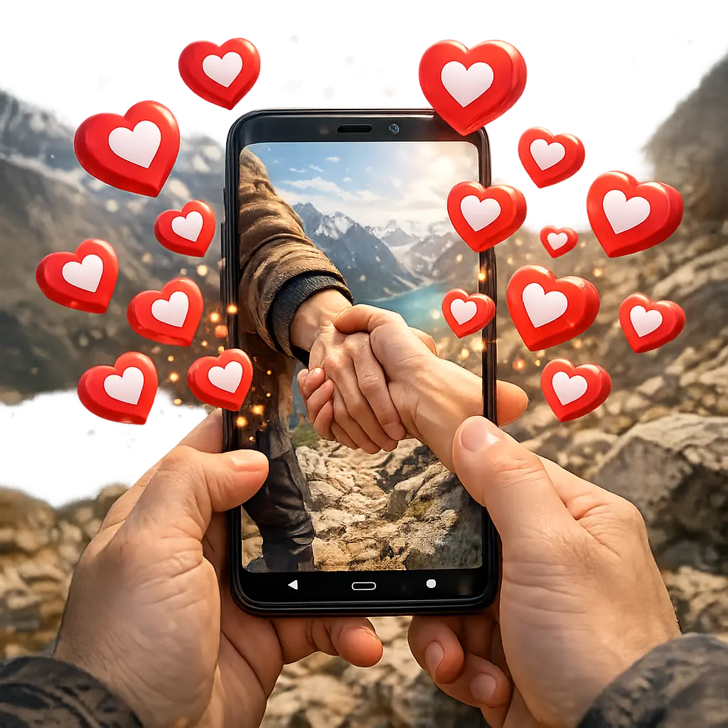 스마트폰 화면 속 1인칭 시점 영상과 공감을 상징하는 하트 아이콘