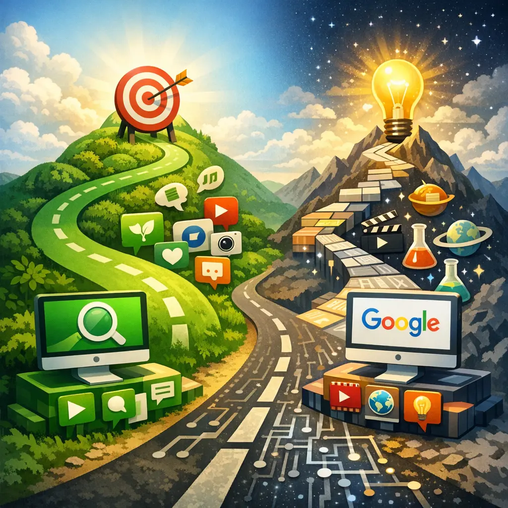 네이버와 구글 검색 엔진별 선호 콘텐츠 유형 및 주제에 따른 노출 최적화 비교 인포그래픽