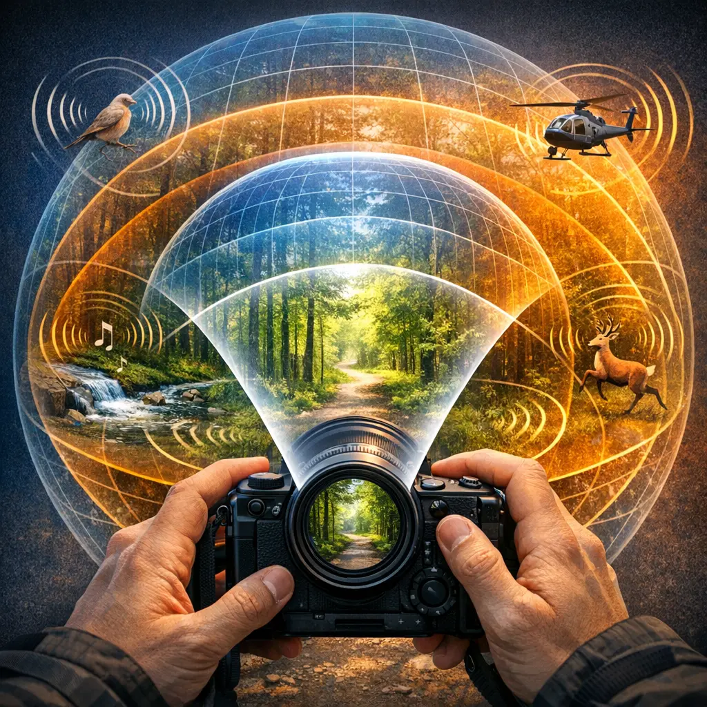 1인칭 카메라 렌즈 시야각과 입체 음향 레이어를 시각화한 기술 도식