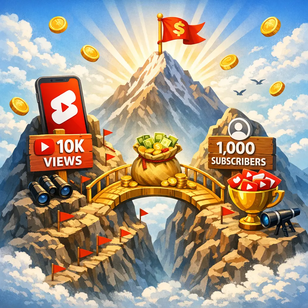 유튜브 쇼츠 조회수와 구독자 달성 요건을 시각화한 수익 창출 가이드 이미지