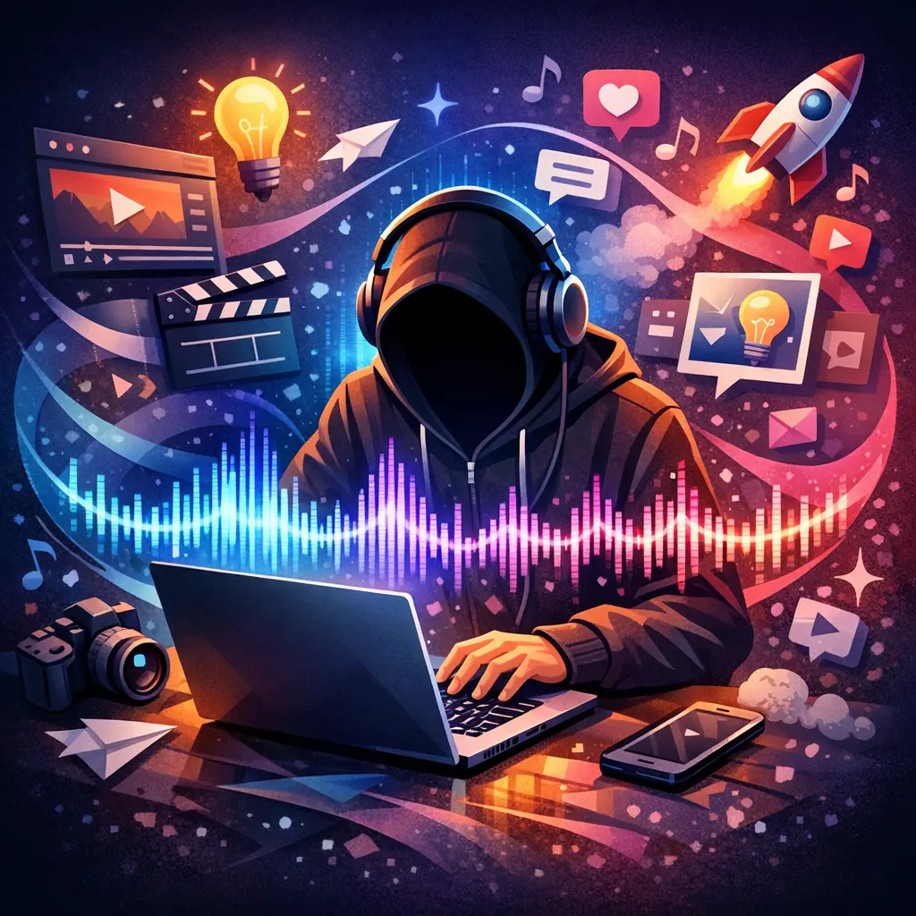 AI 음성 파형과 함께 노트북으로 콘텐츠를 제작하는 익명 크리에이터의 그래픽 이미지