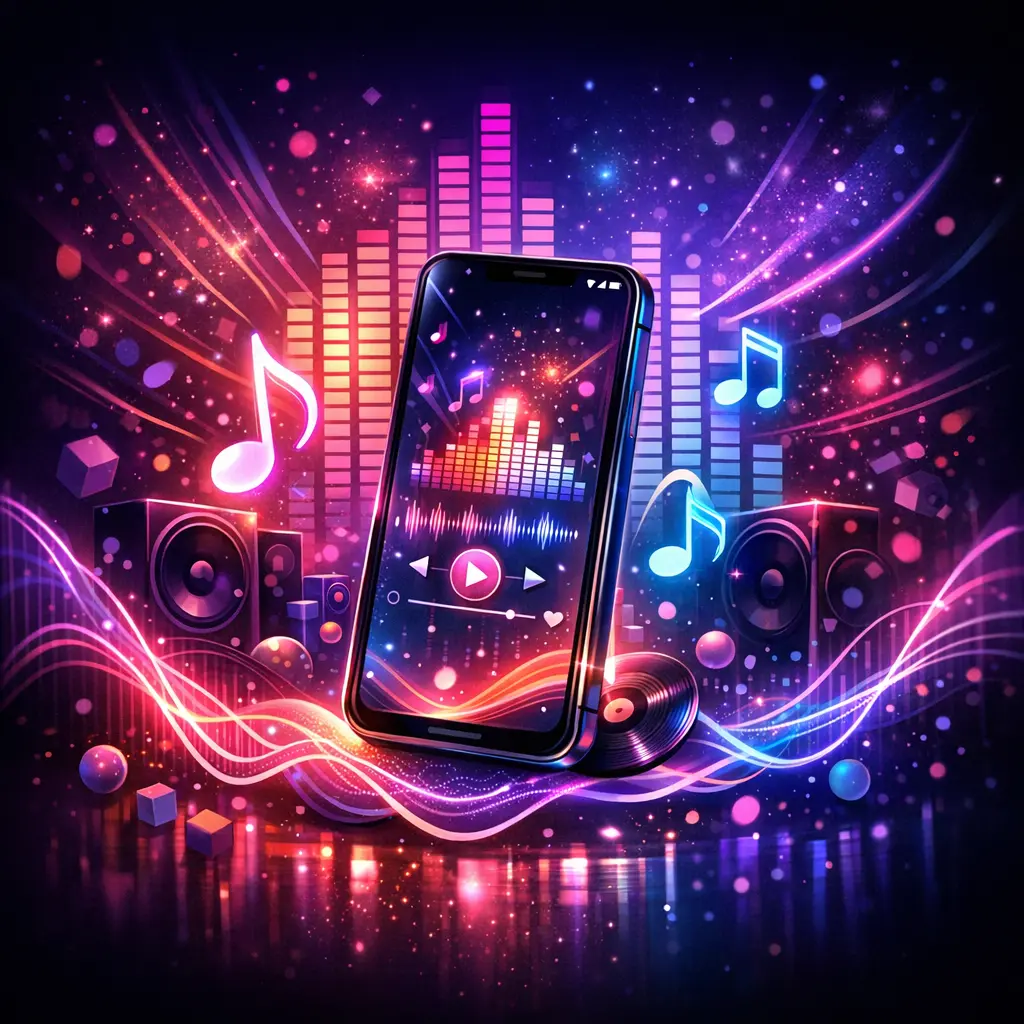 최신 유행 음악이 흐르는 스마트폰과 감각적인 비트 디자인 그래픽