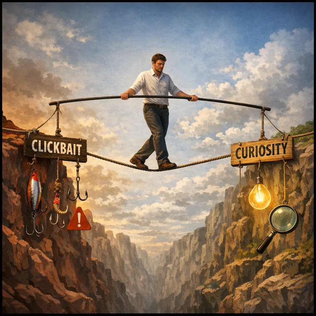 자극적인 낚시와 진정성 있는 호기심 사이의 완벽한 수위를 조절하는 줄타기 일러스트