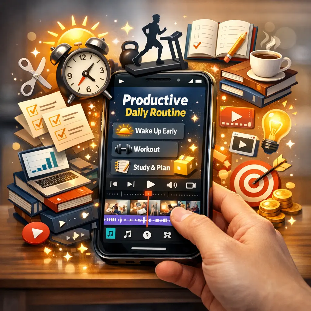 스마트폰으로 편집 중인 생산적인 루틴의 틱톡 숏폼 영상 레이아웃