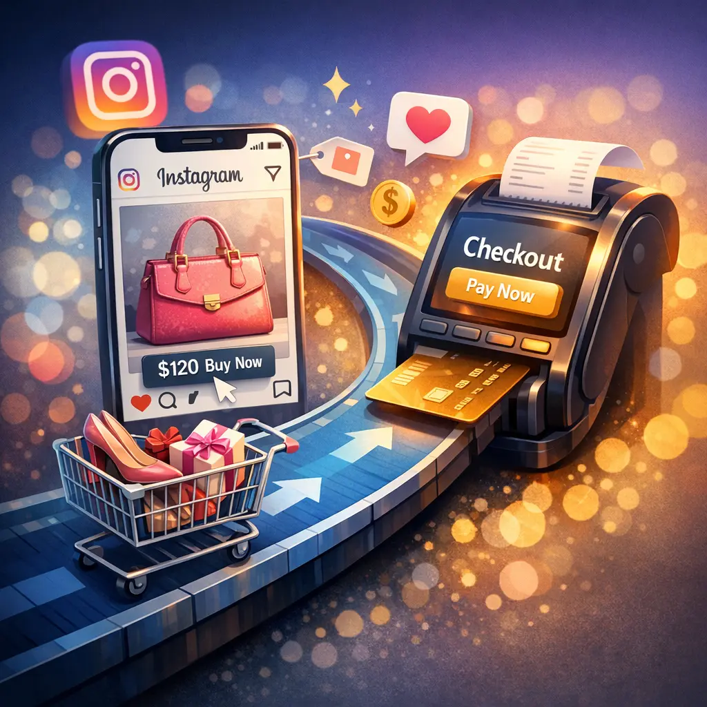 인스타그램 앱 내 상품 태그를 통해 즉시 결제 단계로 진입하는 모바일 쇼핑 UI 화면 시각화 이미지