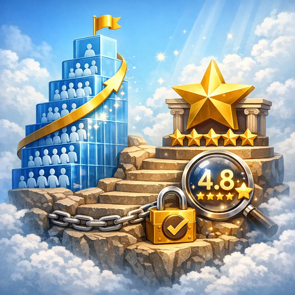 누적 구매자 수와 사용자 평점 데이터를 시각화하여 신뢰를 강조한 인포그래픽 이미지