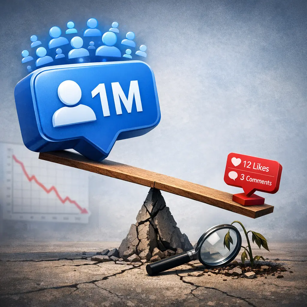 비정상적으로 낮은 게시물 참여율과 팔로워 수의 괴리를 보여주는 통계 그래프