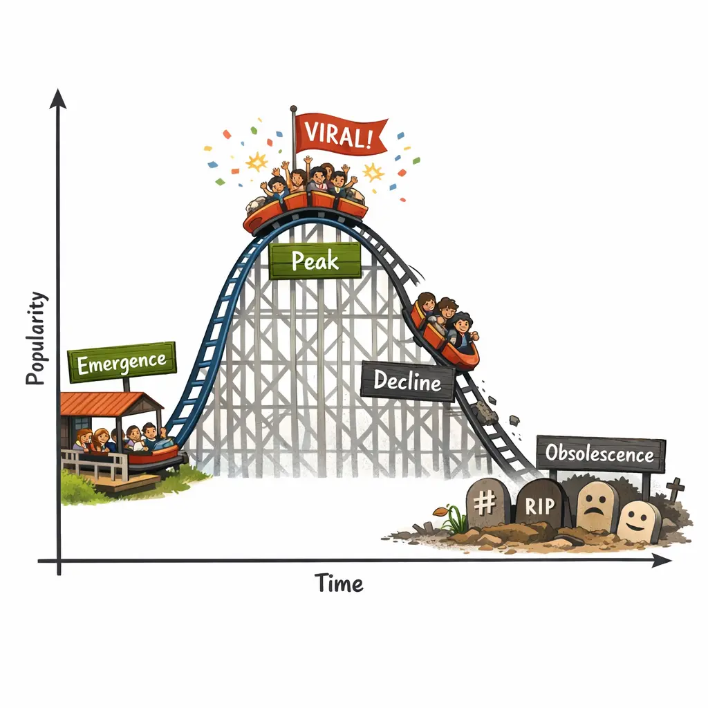유행 주기에 따른 밈의 확산과 쇠퇴를 시각화한 데이터 분석 그래프
