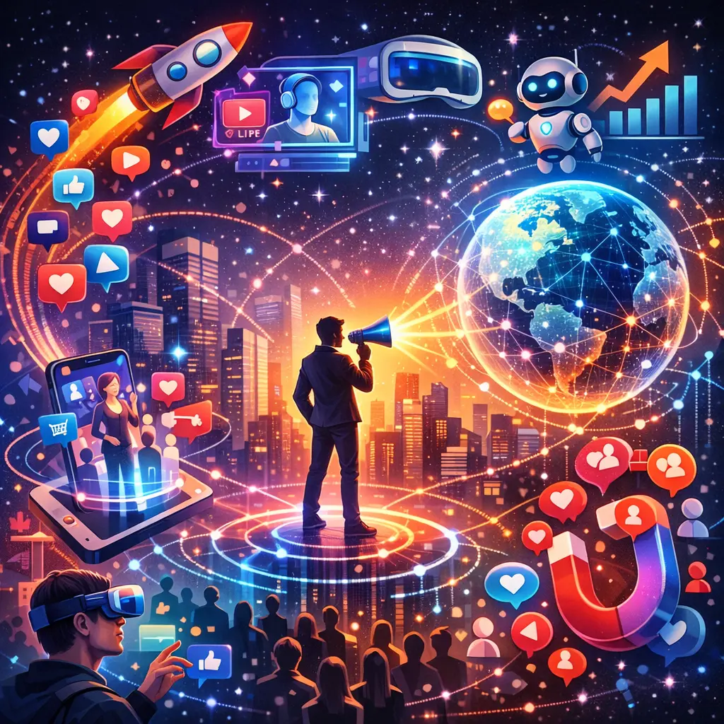 미래 소셜 미디어 트렌드와 디지털 영향력을 시각화한 그래픽 일러스트레이션
