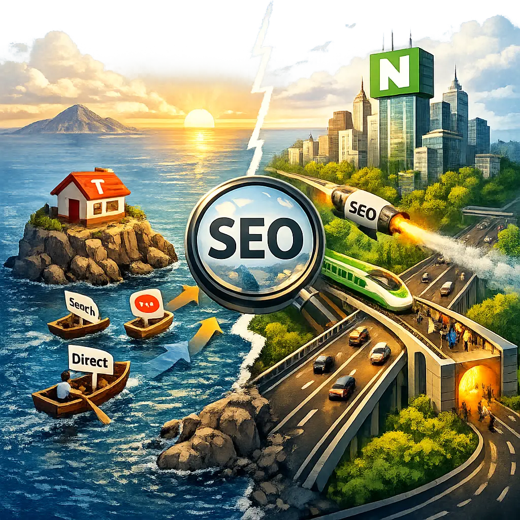 검색 엔진 최적화 관점에서 분석한 티스토리와 네이버의 유입 채널 차이점 비교 인포그래픽