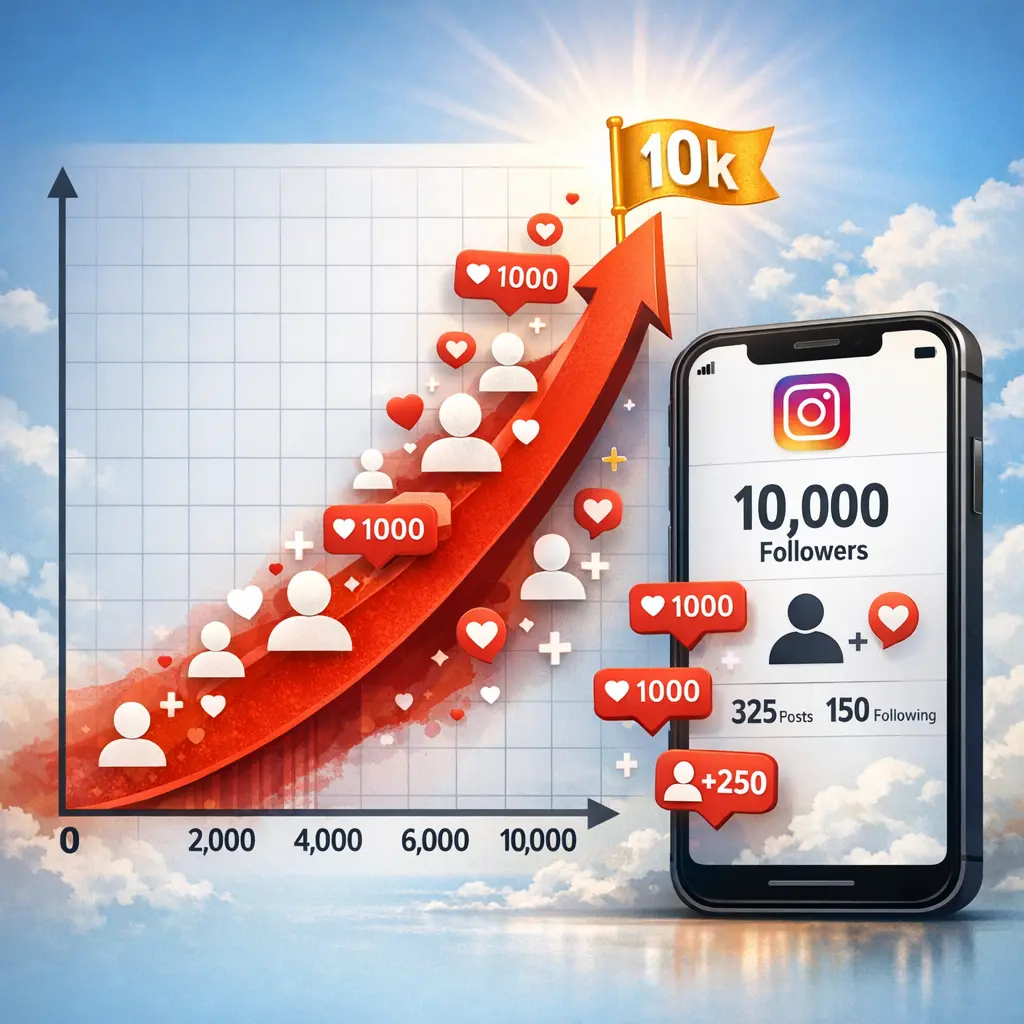 0에서 10,000까지 급격히 상승하는 인스타그램 팔로워 성장 지표 그래프와 스마트폰 화면 이미지