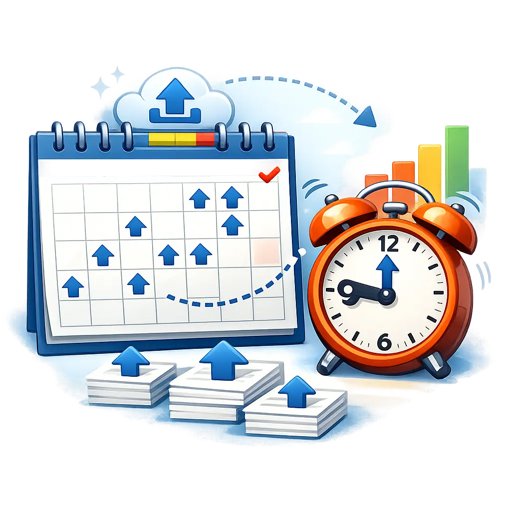 규칙적인 업로드 루틴을 형상화한 캘린더와 시계 아이콘