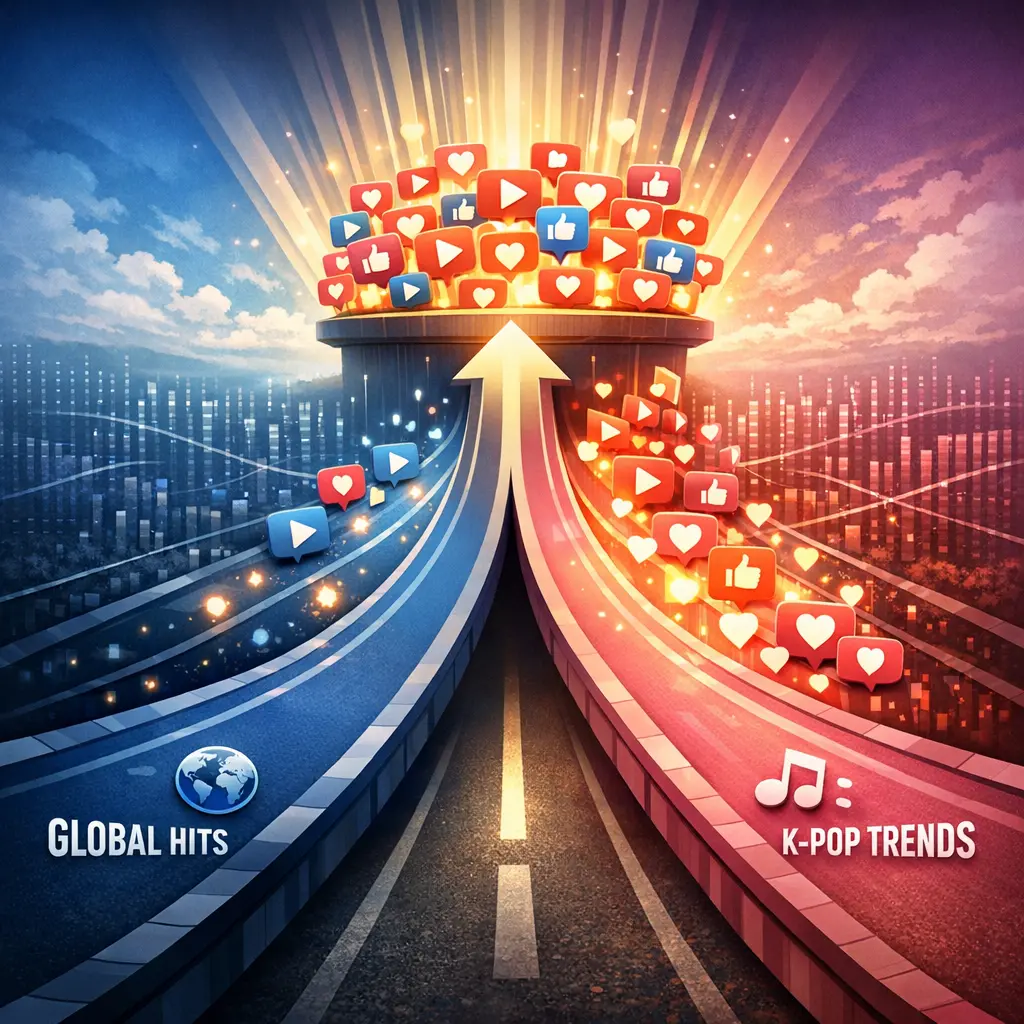 해외 원곡과 국내 트렌드 배경음악의 알고리즘 노출 효율을 비교 분석한 시각화 차트