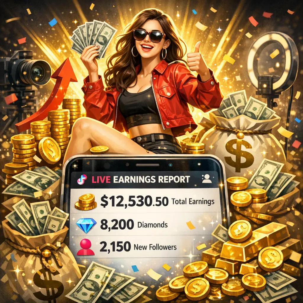 스마트폰 틱톡 라이브 수익 정산 화면과 자신감 넘치는 크리에이터의 모습