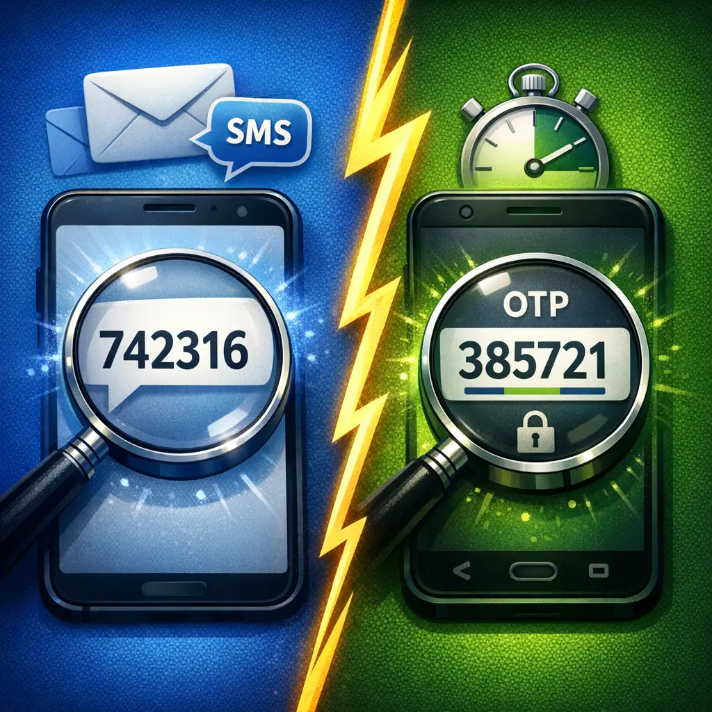 스마트폰 화면에 나란히 표시된 SMS 수신 인증번호와 보안 앱의 일회용 비밀번호(OTP) 대조 이미지