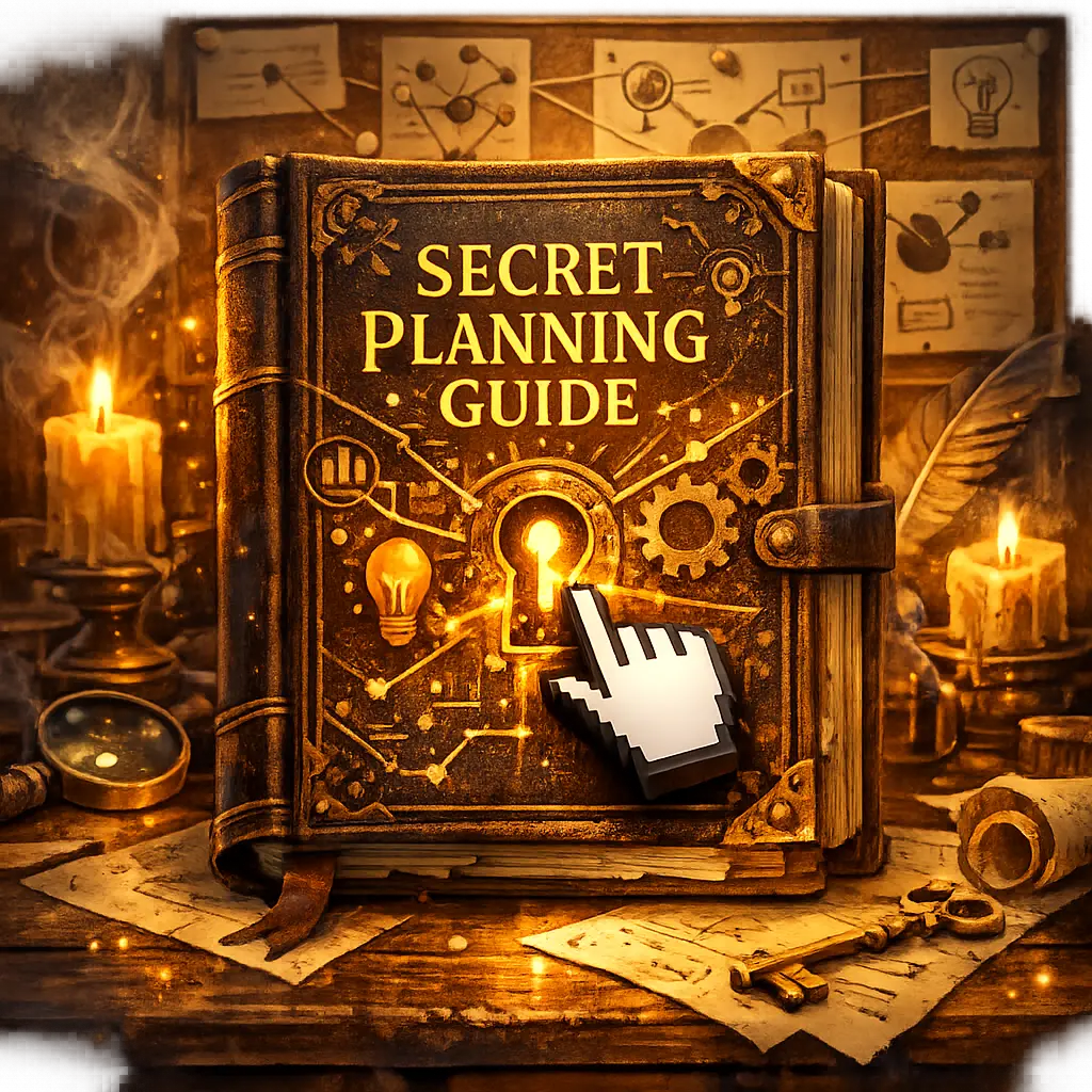 호기심을 자극하는 비밀스러운 기획 비법서와 마우스 클릭 그래픽