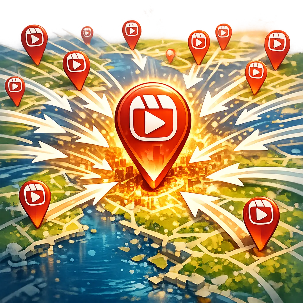 지도 핀 아이콘과 화살표를 활용해 특정 지역으로 릴스 영상이 빠르게 확산되는 과정을 묘사한 인포그래픽 일러스트.