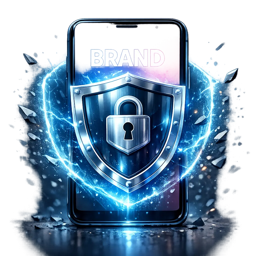 스마트폰 화면 속 브랜드 로고를 안전하게 보호하는 보안 방패 아이콘