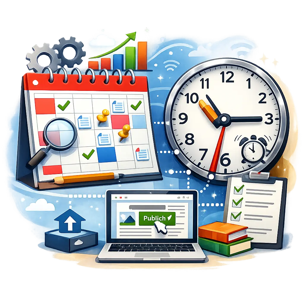 달력과 시계 아이콘으로 표현한 체계적인 블로그 포스팅 관리 시스템