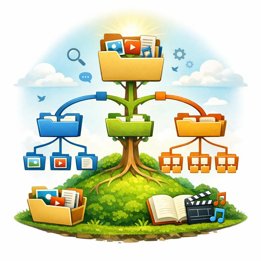 콘텐츠 그룹화와 계층적 분류를 나타낸 트리 구조 다이어그램