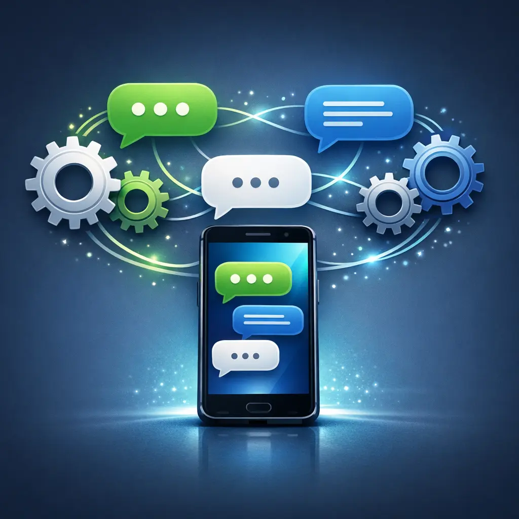 스마트폰 화면 위로 연결된 채팅 말풍선과 톱니바퀴 아이콘이 조화를 이룬 DM 자동화 프로세스 그래픽 이미지