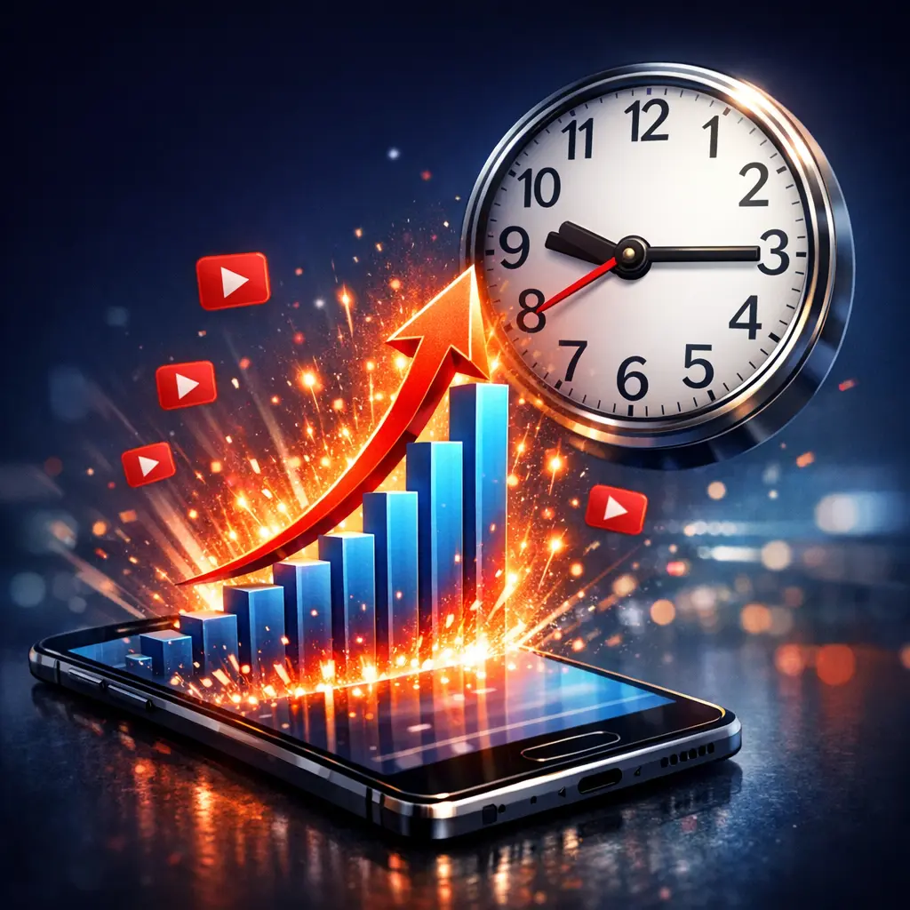 스마트폰 화면 위로 솟구치는 조회수 그래프와 게시 시각을 나타내는 시계 이미지