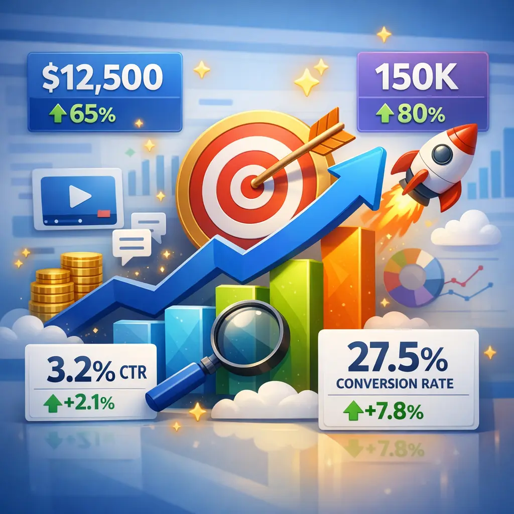 상승하는 그래프와 구체적인 퍼센트 수치가 강조된 광고 성과 대시보드 이미지