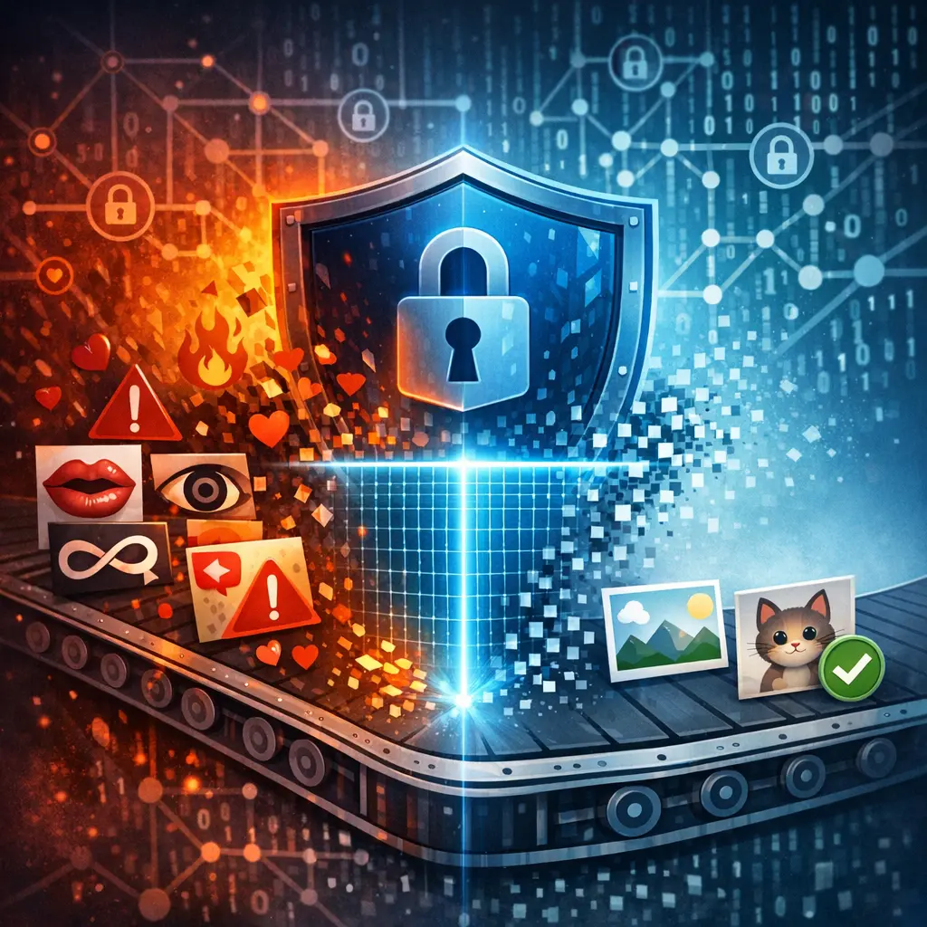 자극적 이미지와 무한 반복 패턴을 감지하여 차단하는 알고리즘 필터링 시각 자료