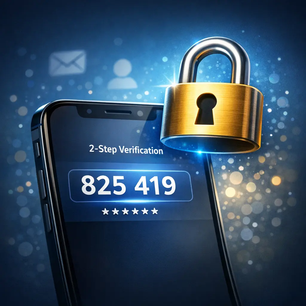 스마트폰 화면 위로 2단계 인증 코드와 자물쇠 아이콘이 나타나 보안이 강화된 계정의 모습