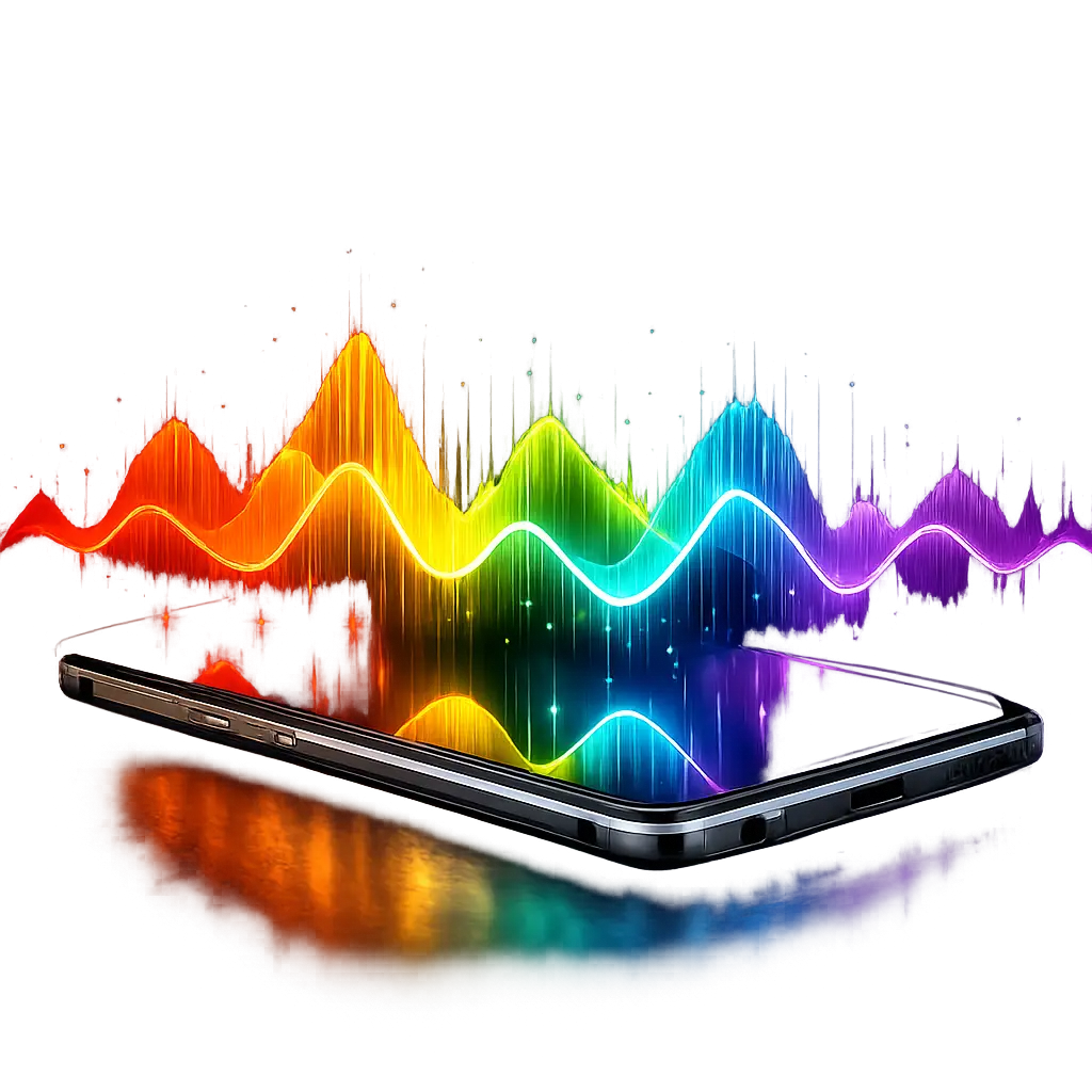 스마트폰 화면 위로 리드미컬하게 흐르는 다채로운 색상의 오디오 파형 그래픽