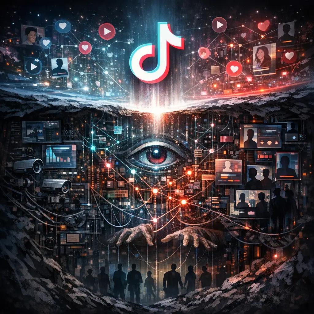 틱톡 알고리즘의 복잡한 구조와 그 이면의 진실을 시각화한 추상적인 그래픽 이미지