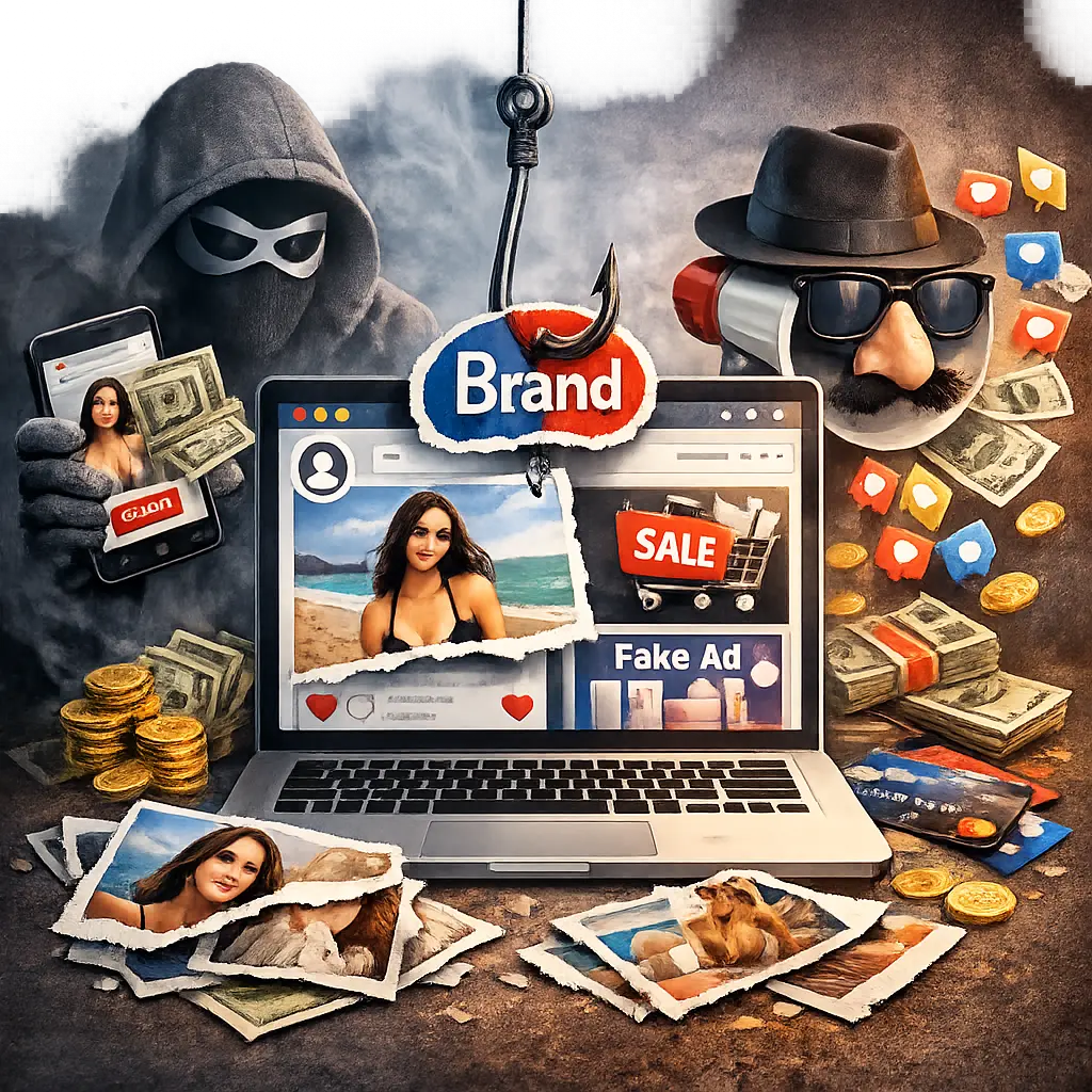 브랜드 로고와 홍보 사진을 무단 도용한 가짜 SNS 계정 및 사칭 광고의 핵심 사례를 보여주는 인포그래픽